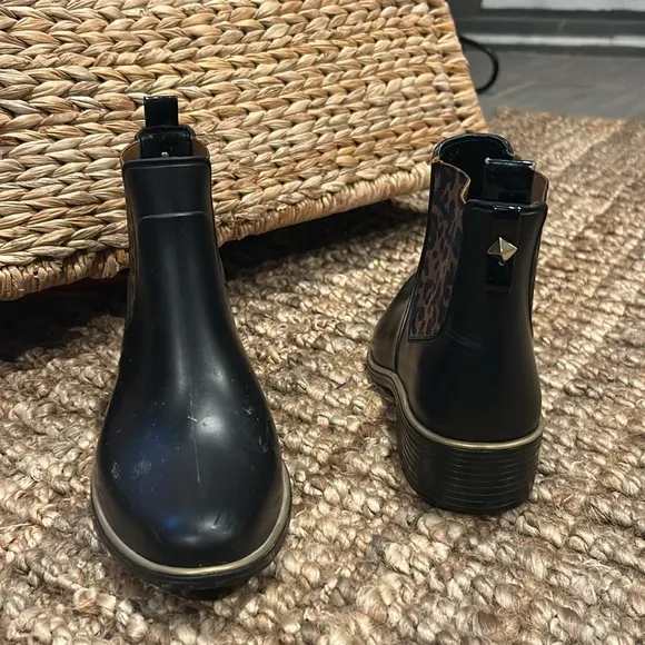 Kate Spade Leopard Print Black Ankle Rubber Rain Boots Size 8