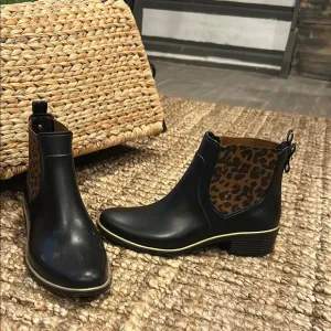 Kate Spade Leopard Print Black Ankle Rubber Rain Boots Size 8