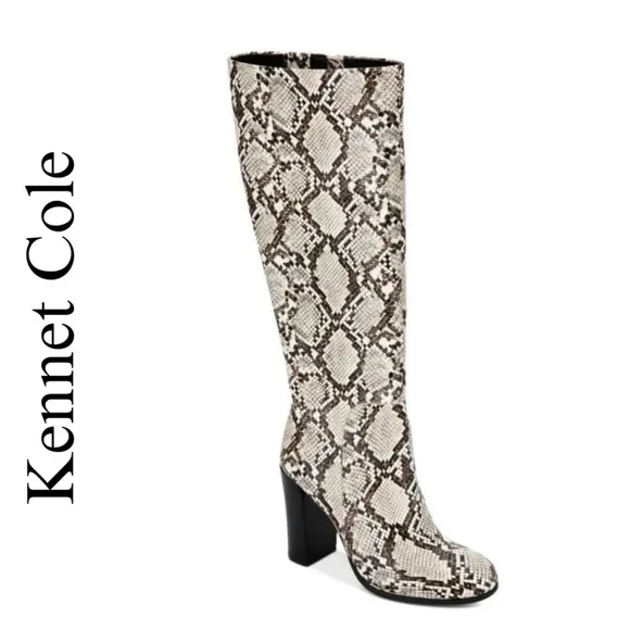 KENNETH COLE Womens Ivory Snake Skin-Print Justin Round Toe Block Heel Boots 6.5