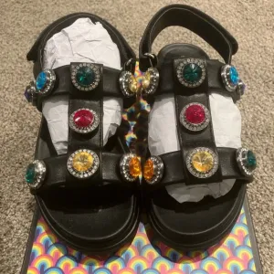 Kids Black Sandals with Colorful Gem Accents