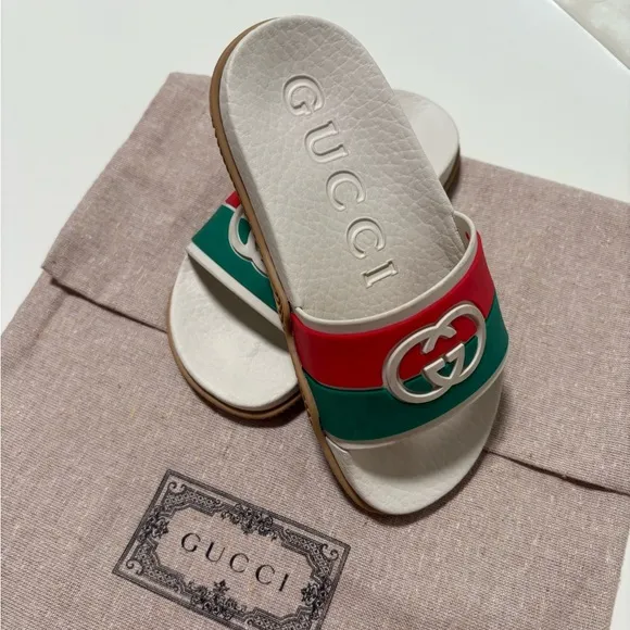 Kids Gucci White and Green Slide Sandals