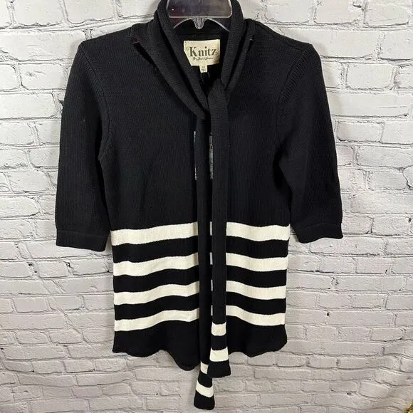 Knitz for Love &amp; Lemons Sweater Dress Attached Scarf Strips Black &amp; White XS NWT