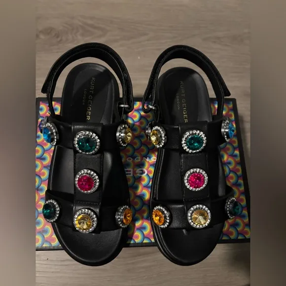 Kurt Geiger Black Sandals with Colorful Gemstones