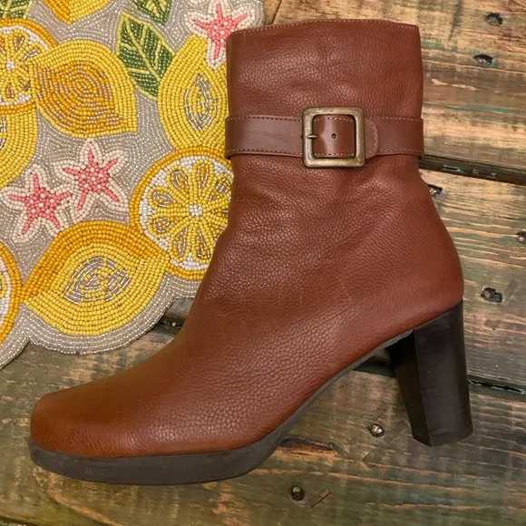 La Canadienne Brown Leather Three Inch Side Zipper Heeled Booties With Buckle