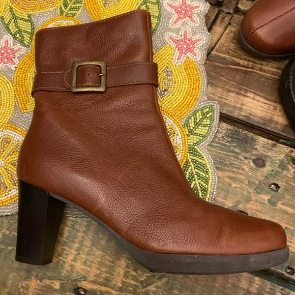 La Canadienne Brown Leather Three Inch Side Zipper Heeled Booties With Buckle