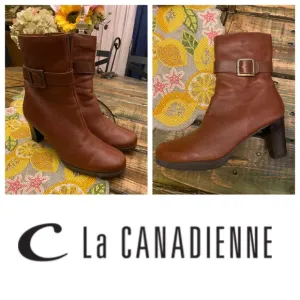 La Canadienne Brown Leather Three Inch Side Zipper Heeled Booties With Buckle