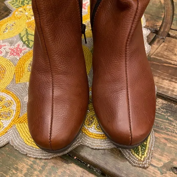 La Canadienne Brown Leather Three Inch Side Zipper Heeled Booties With Buckle