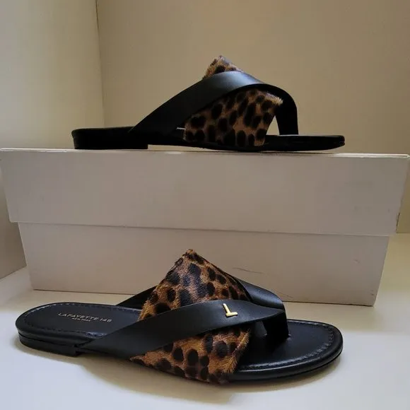 Lafayette 148 New York Iris Leopard-Print Fur Thong Sandals
