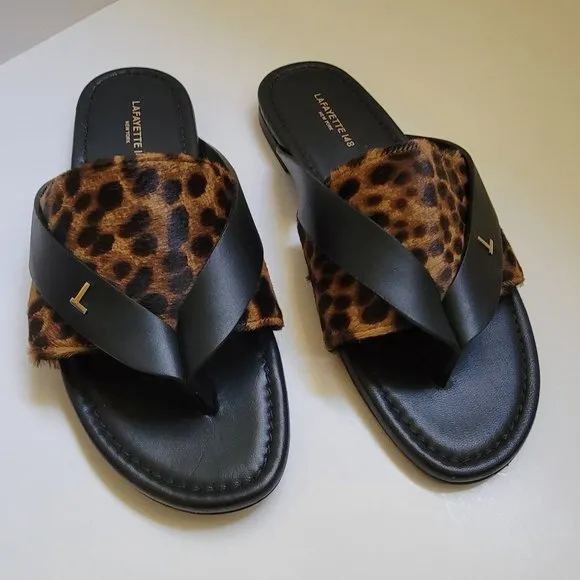 Lafayette 148 New York Iris Leopard-Print Fur Thong Sandals