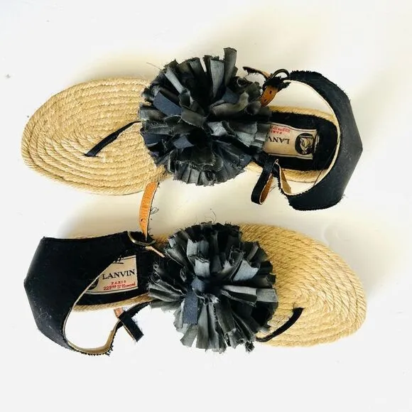Lanvin Black and Tan Sandals with Floral Detail