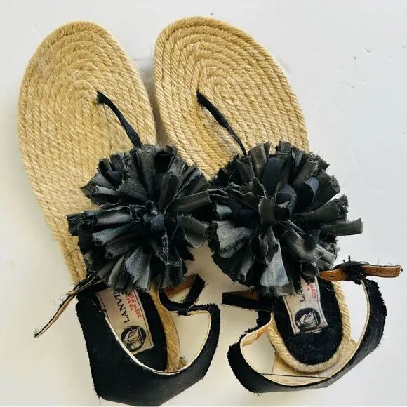 Lanvin Black and Tan Sandals with Floral Detail
