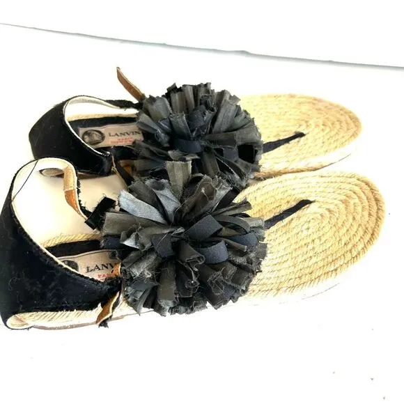Lanvin Black and Tan Sandals with Floral Detail