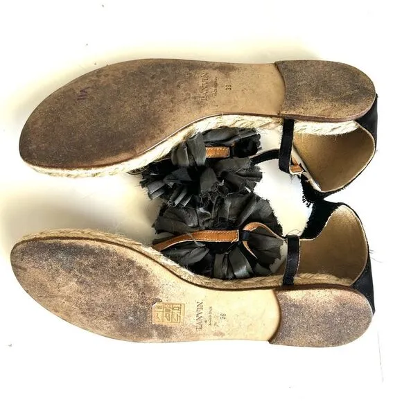 Lanvin Black and Tan Sandals with Floral Detail