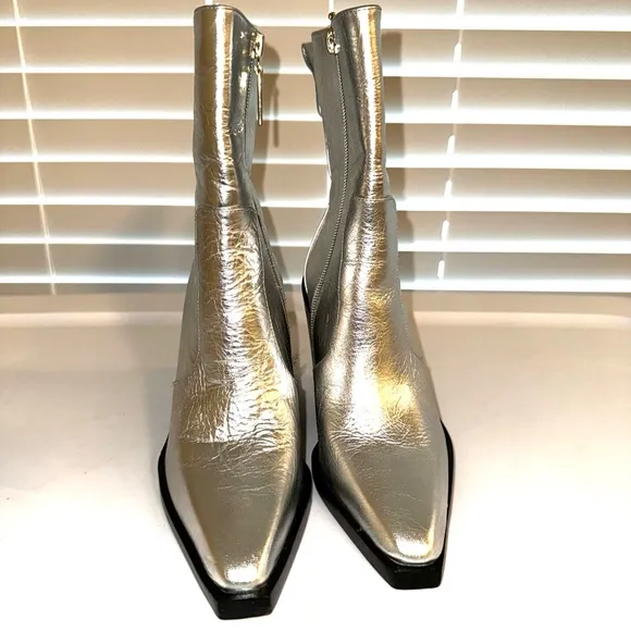 Larroude James silver Crinkle Leather ankle Boots 5.5