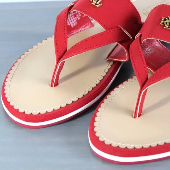 Lauren Ralph Lauren Rosalind Thong Sandals Flip Flops Women 10B Red Monogram NEW