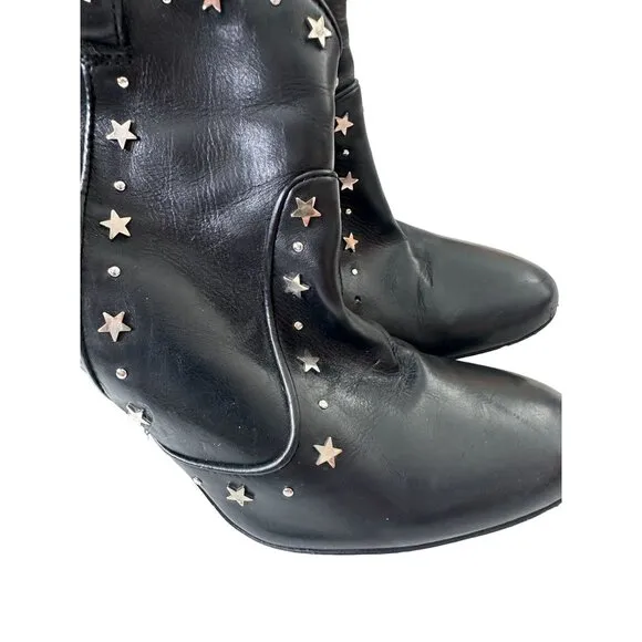 LAURENCE DECADE Black Leather Star Studded Ankle Boots Size 38.5/8.5