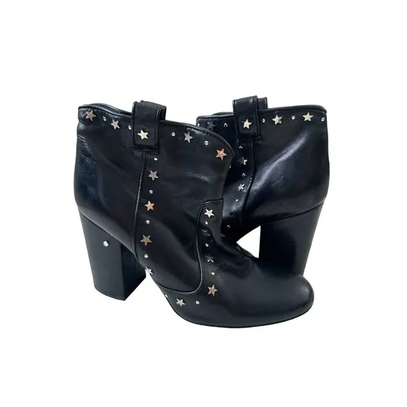 LAURENCE DECADE Black Leather Star Studded Ankle Boots Size 38.5/8.5