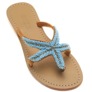 Liguria Suede Turquoise Blue Beaded Starfish Thong Sandals Flip Flops