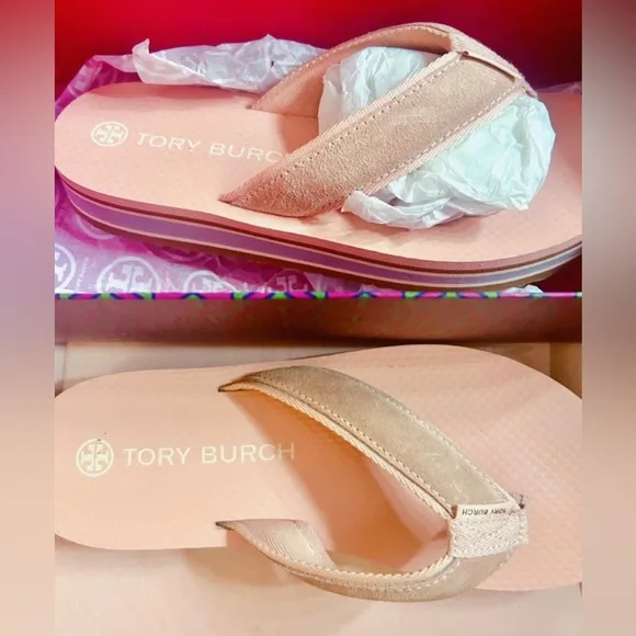 LIKE NEW! Tory Burch Women's 70s Flatform Flip Flops Sandals Pink Fabric Size 9
