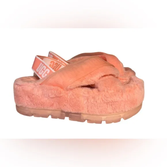 Like New! UGG Fuzzita Clear Cross Strap Fluffy Orange Platform Sandals SZ 8