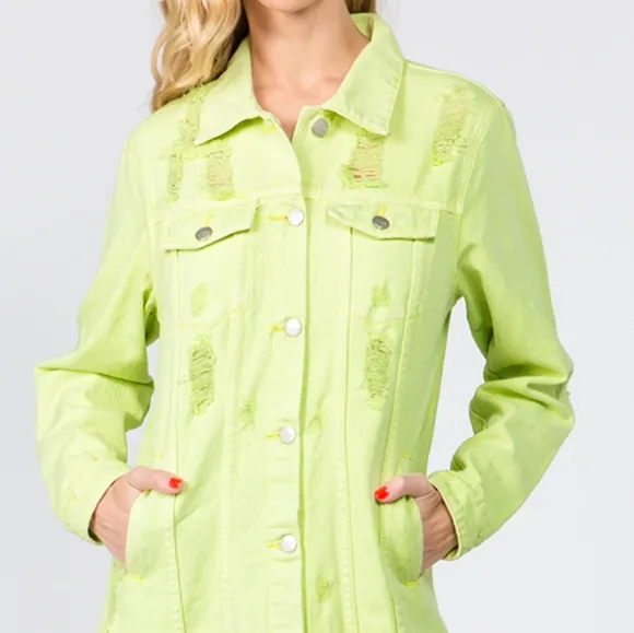 Lime Denim Pocket Jean Collar Distressed Torn Midi Jacket Dress American Bazi