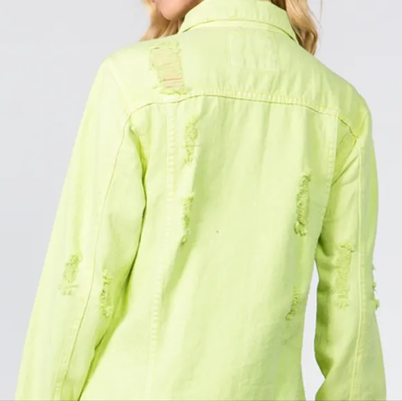 Lime Denim Pocket Jean Collar Distressed Torn Midi Jacket Dress American Bazi