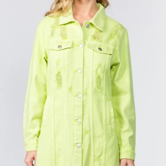 Lime Denim Pocket Jean Collar Distressed Torn Midi Jacket Dress American Bazi