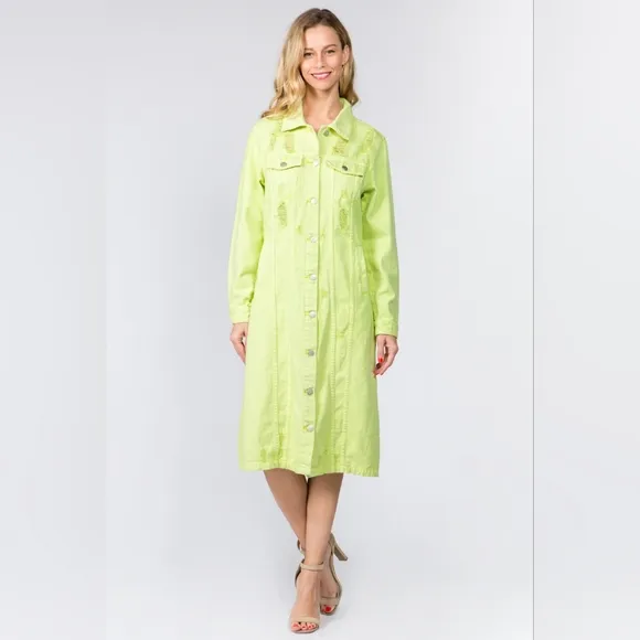 Lime Denim Pocket Jean Collar Distressed Torn Midi Jacket Dress American Bazi