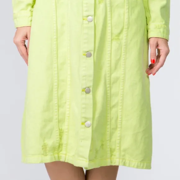 Lime Denim Pocket Jean Collar Distressed Torn Midi Jacket Dress American Bazi