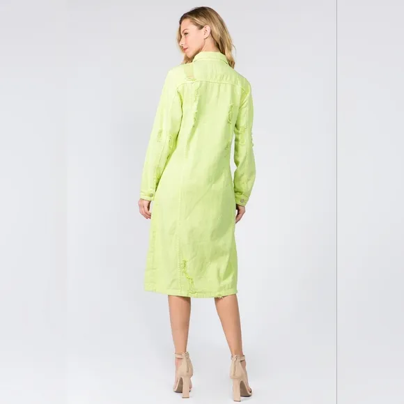 Lime Denim Pocket Jean Collar Distressed Torn Midi Jacket Dress American Bazi