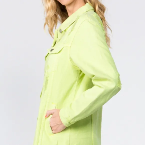 Lime Denim Pocket Jean Collar Distressed Torn Midi Jacket Dress American Bazi