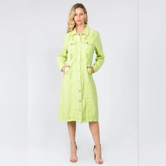 Lime Denim Pocket Jean Collar Distressed Torn Midi Jacket Dress American Bazi