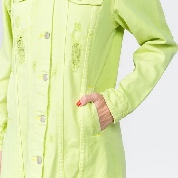 Lime Denim Pocket Jean Collar Distressed Torn Midi Jacket Dress American Bazi