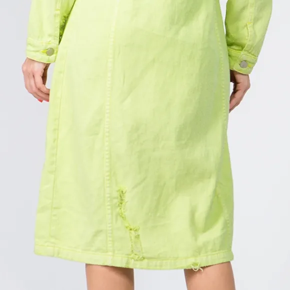 Lime Denim Pocket Jean Collar Distressed Torn Midi Jacket Dress American Bazi