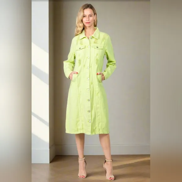 Lime Denim Pocket Jean Collar Distressed Torn Midi Jacket Dress American Bazi