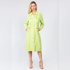 Lime Denim Pocket Jean Collar Distressed Torn Midi Jacket Dress American Bazi