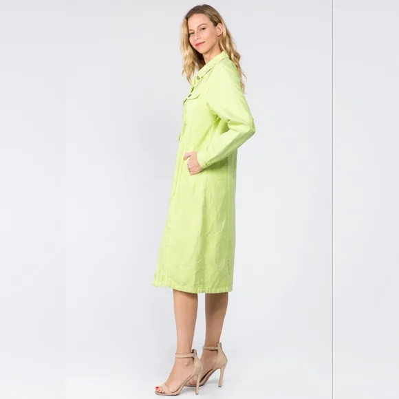 Lime Denim Pocket Jean Collar Distressed Torn Midi Jacket Dress American Bazi
