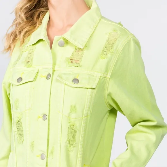 Lime Denim Pocket Jean Collar Distressed Torn Midi Jacket Dress American Bazi