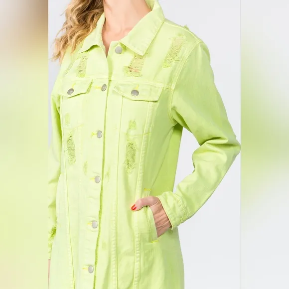 Lime Denim Pocket Jean Collar Distressed Torn Midi Jacket Dress American Bazi