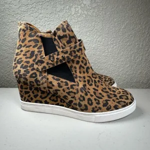 Linea Paolo Womens 6 Freshton Wedge Boots Brown Leopard Suede Zip Elastic Strap