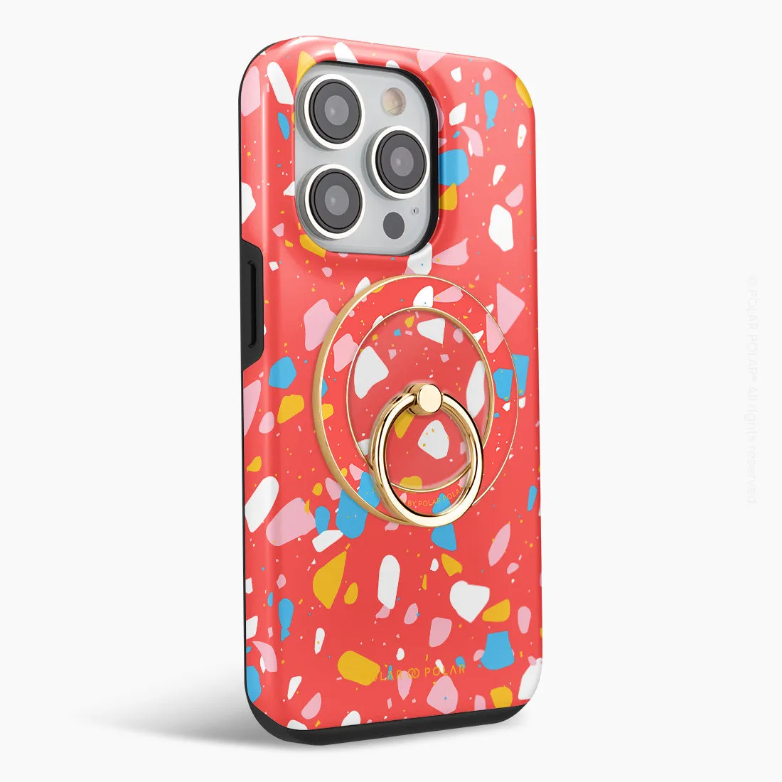 Living Coral Terrazzo - Golden MagSafe Phone Grip and Ring Holder Stand