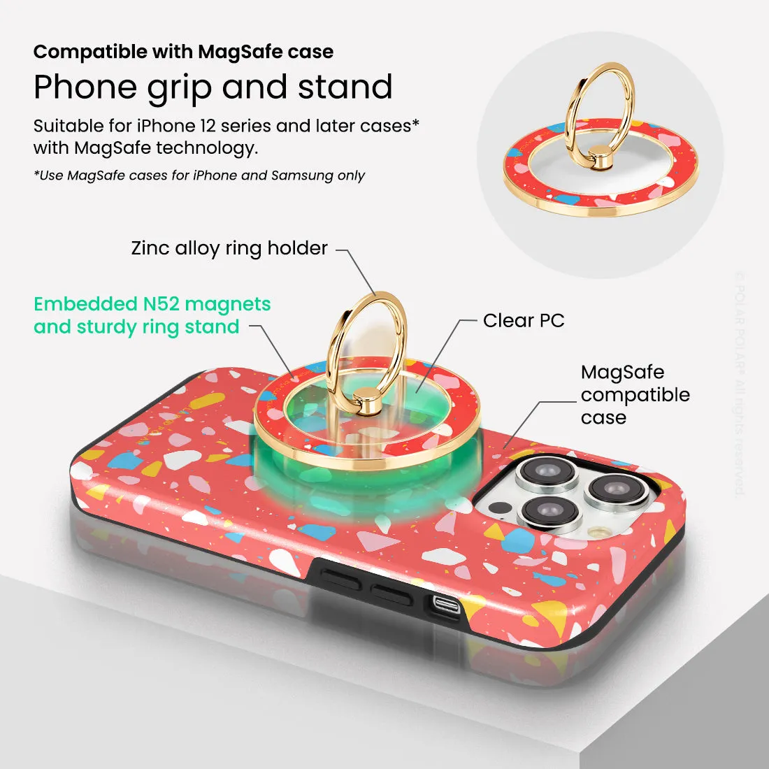 Living Coral Terrazzo - Golden MagSafe Phone Grip and Ring Holder Stand