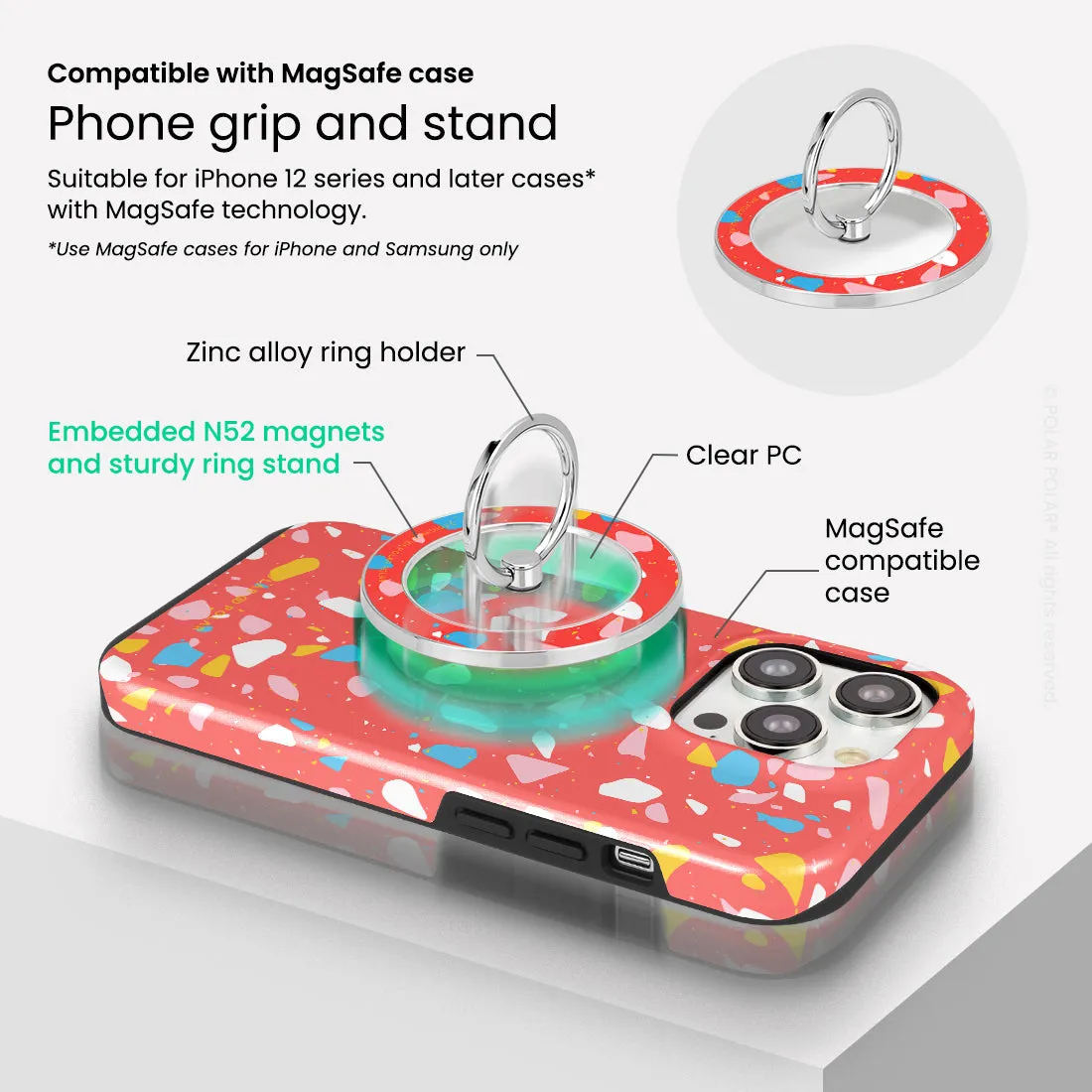 Living Coral Terrazzo - Silver MagSafe Phone Grip and Ring Holder Stand