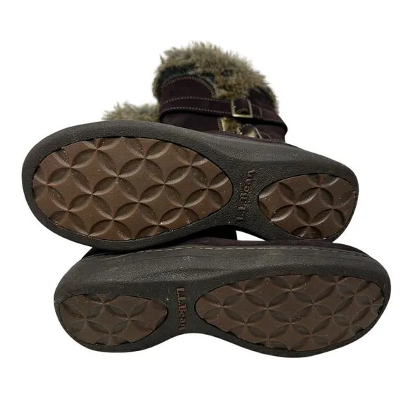 L.L. Bean Womens Brown Suede Fur Lined Side Zip Nordic Snow Boots Size 8