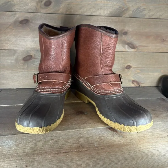 llbean lounger mens size 9 shoes brown leather shearling lined waterproof boots
