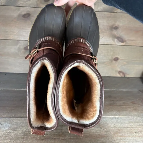 llbean lounger mens size 9 shoes brown leather shearling lined waterproof boots