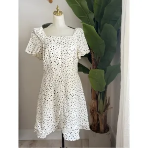 Loft Polka Dotted Tie Back Flare Dress White Black Size 6