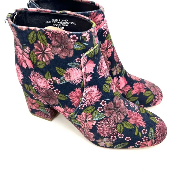 LOFT Womens Floral Ankle Boots Velvet Zip Up Booties Size 8.5