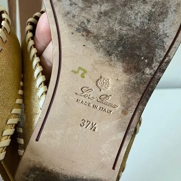 Loro Piana Sandals Leather Metallic Jovis Thong Flip Flop Sandals Gold Size 37.5
