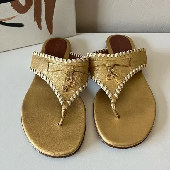 Loro Piana Sandals Leather Metallic Jovis Thong Flip Flop Sandals Gold Size 37.5